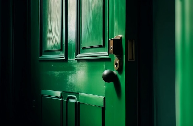 Una porta verde con maniglia dorata e una porta nera