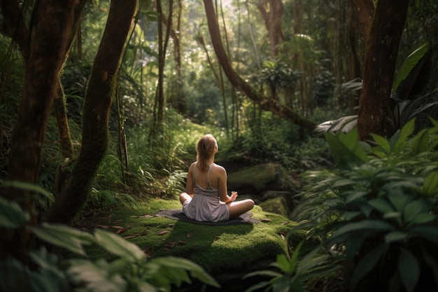 Una postura di yoga profonda e meditativa circondata dalla verdura rigogliosa della natura creata con l'AI generativa