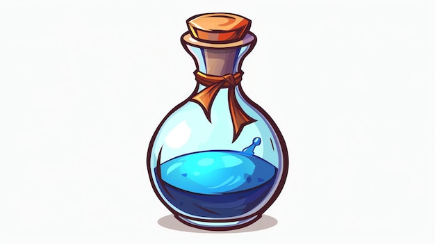Una pozione magica in una bottiglia di vetro la bottiglia è chiusa e sigillata con un nastro la pozione è di colore blu scuro e bollente
