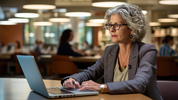 Una professoressa siede nella biblioteca universitaria con un laptop mentre si prepara per una lezione