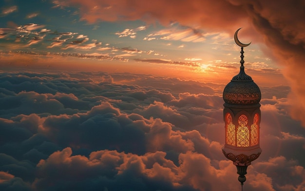 Una prospettiva aerea sopra le nuvole con la mezzaluna del Ramadan e la lanterna del Ramadan