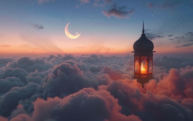 Una prospettiva aerea sopra le nuvole con la mezzaluna del Ramadan e la lanterna del Ramadan