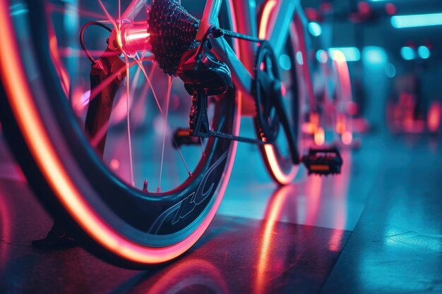 Una prospettiva ravvicinata di una ruota di una bicicletta che gira con le luci al neon che riflettono o