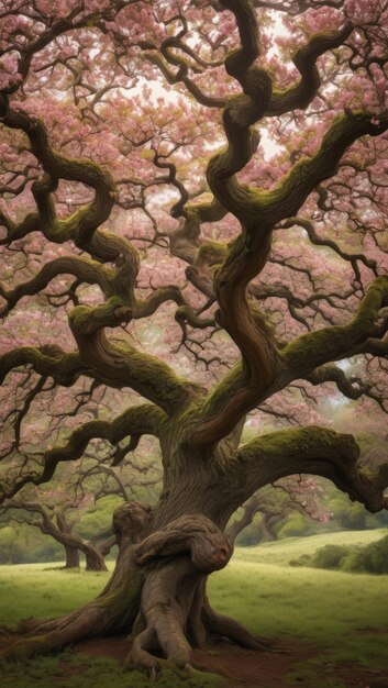 Una quercia nodosa adornata da fiori profumati al tramonto