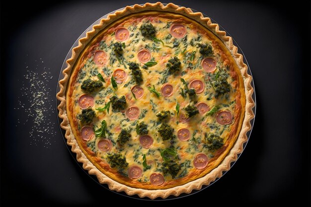 Una quiche con sopra broccoli e formaggio