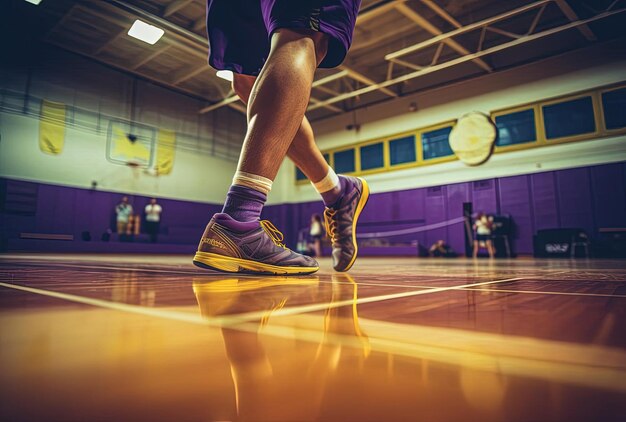 una racchetta da pallavolo su un pavimento da palestra e un uomo che estende la mano nello stile del giallo e dell'indigo