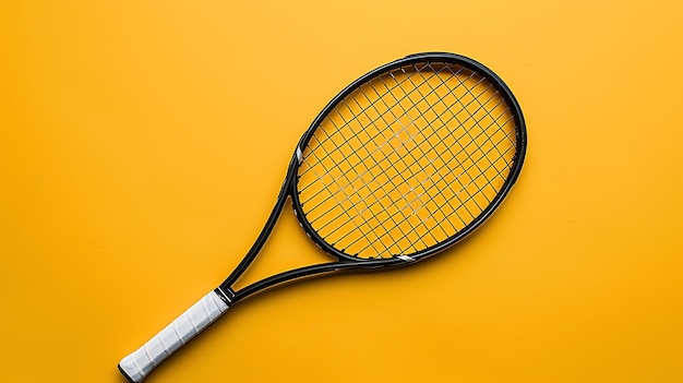 Una racchetta da tennis bianca e nera su uno sfondo giallo brillante La racchetta è al centro del telaio e le corde sono rivolte verso l'alto