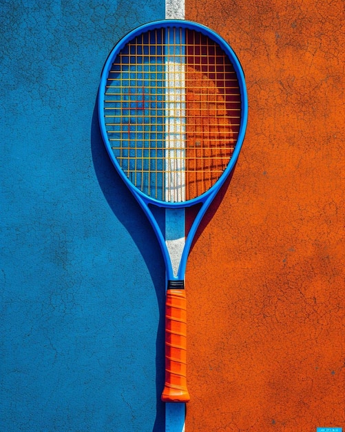 una racchetta da tennis blu e arancione contro una parete blu e arancione