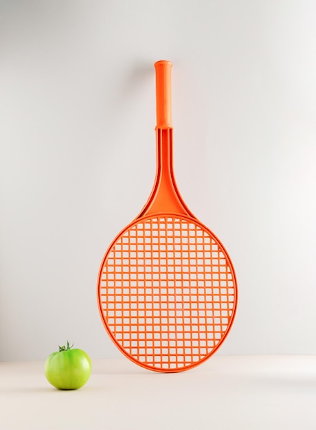 Una racchetta da tennis e un pomodoro verde acerbo su sfondo grigio Concetto sportivo minimo