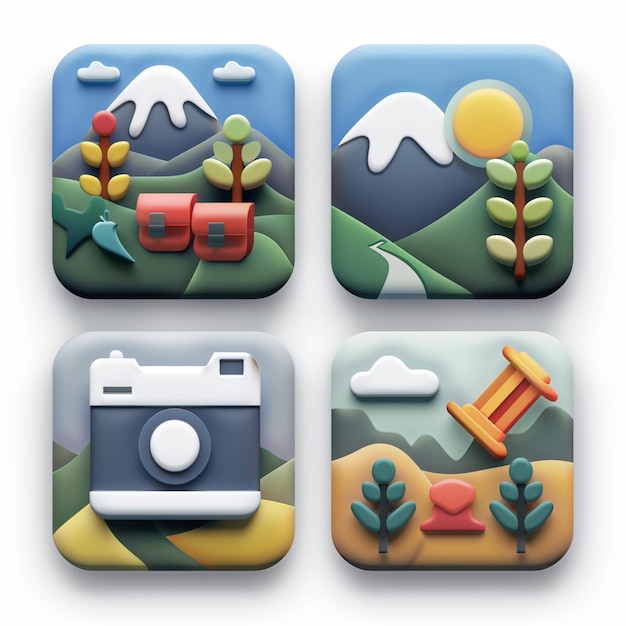 una raccolta di diverse applicazioni tra cui una fotocamera e una foto di un paesaggio di montagna