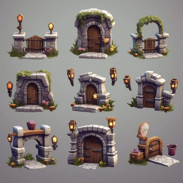 Una raccolta di diverse immagini di una struttura simile a un castello con una porta e una porta.