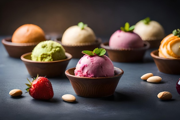 una raccolta di diversi gelati su un tavolo con una parete dietro di loro.