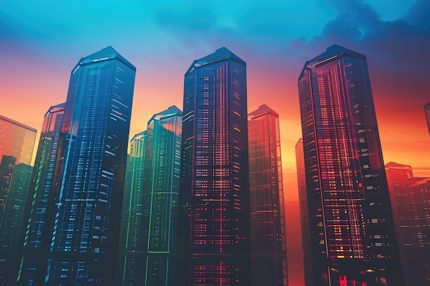 Una raccolta di edifici alti che si trovano vicini l'uno all'altro creando un paesaggio urbano impressionante Una colorata skyline della città composta da torri di server AI generata