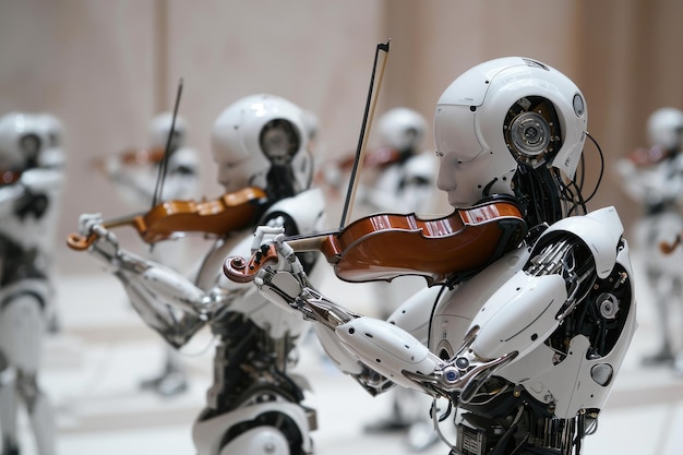 Una raccolta di figure robotiche che si impegnano in un gioco musicale mentre interagiscono con un violino Robot che suonano strumenti musicali in una sinfonia Generata dall'IA