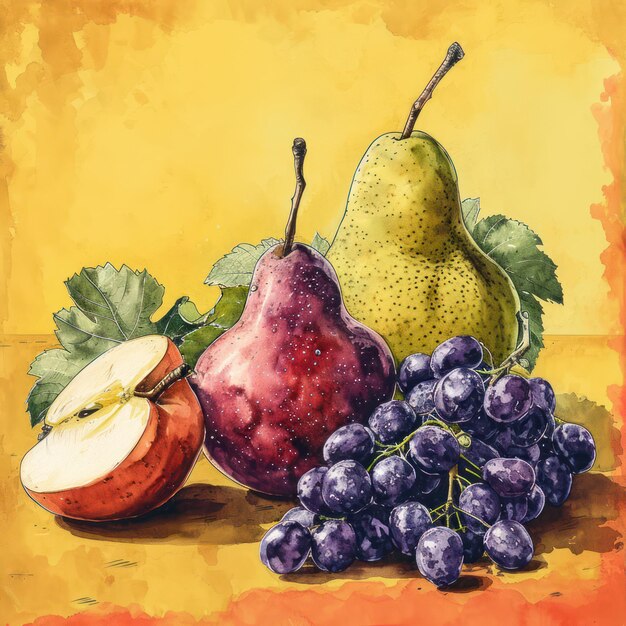 Una raccolta di frutti freschi e succosi in una vivace illustrazione ad acquerello su uno sfondo verde