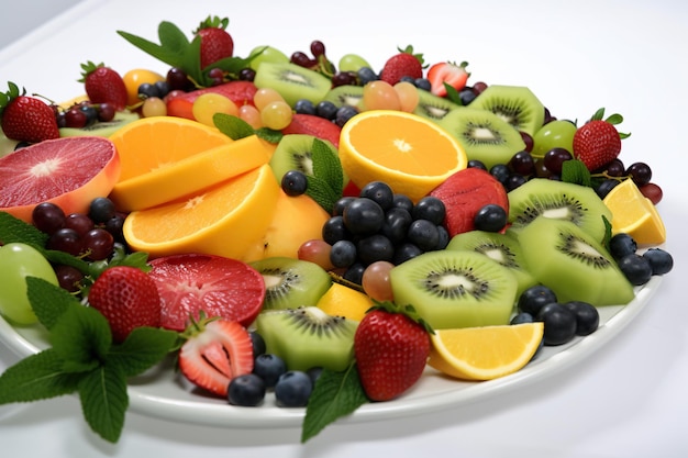 Una raccolta di frutti sani e freschi in un piatto bianco e foglie di menta