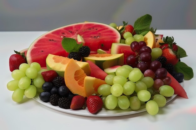 Una raccolta di frutti sani e freschi in un piatto bianco