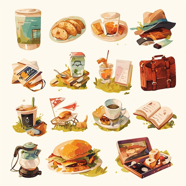 Una raccolta di illustrazioni ad acquerello di vari oggetti legati ai viaggi, tra cui una bussola, una valigia, una barca e un uccello