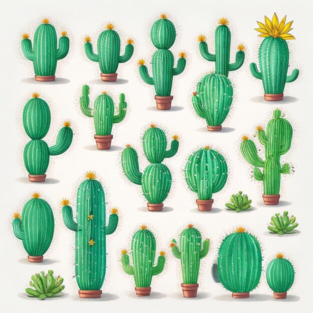 Una raccolta di illustrazioni di cactus e cactus, inclusa una con la parola cactus sopra