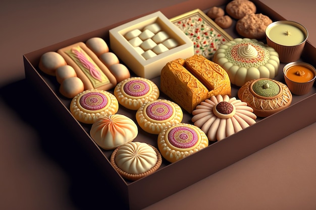 Una raccolta di mithai o dolci dall'India con diya