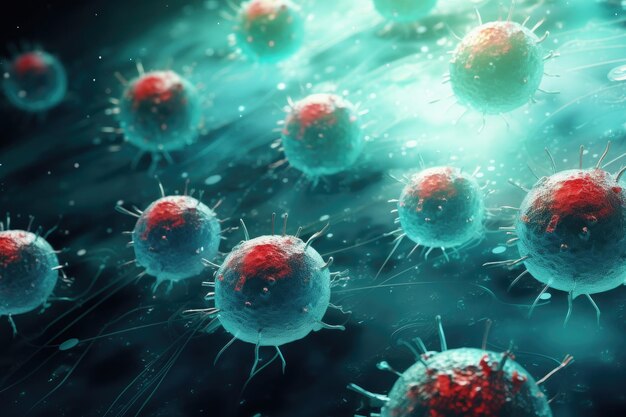 Una raccolta di palle di sangue in sfumature di blu e rosso che variano in dimensioni e texture Nanoparticelle che distruggono le cellule cancerose Nanoparticle terapia del cancro AI generata