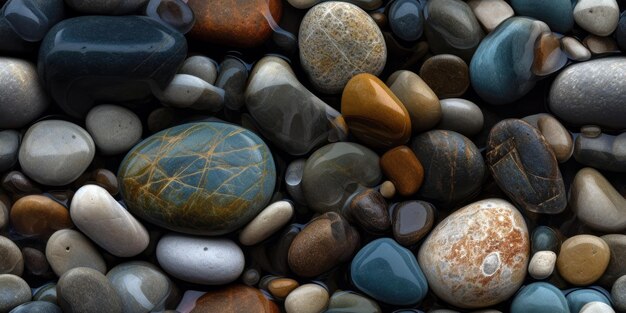 Una raccolta di rocce sulla spiaggia in autunno.