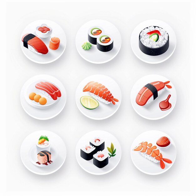 una raccolta di sushi e sushi su uno sfondo bianco