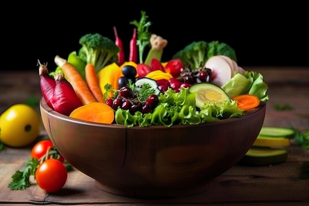 Una raccolta di verdure e frutta sane in una ciotola