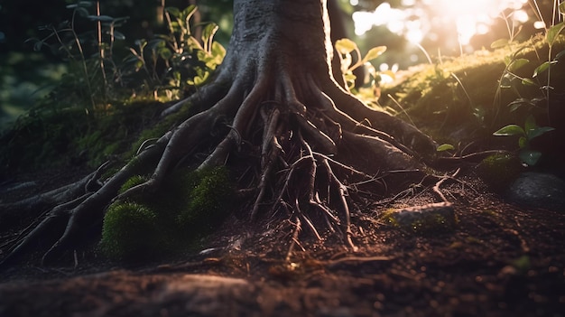 Una radice di albero con il sole che splende attraverso di essa