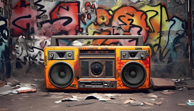 Una radio vintage boombox di fronte al muro dei graffiti