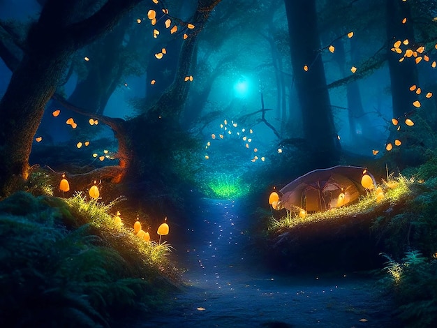 Una radura della foresta magica con lucciole luminose, creature stravaganti e un'atmosfera incantevole