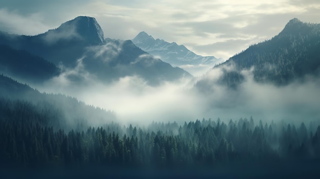 Una raffigurazione fotorealista di una foresta montuosa con nebbia al mattino AI generativa