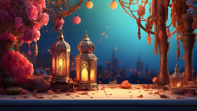Una raffigurazione splendidamente resa e molto dettagliata di una scena di Ramadan Kareem Eid Mubarak