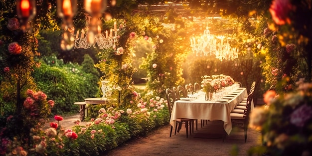 Una raffinata e opulenta sala da pranzo all'aperto incastonata in un pittoresco giardino per un'incantevole serata