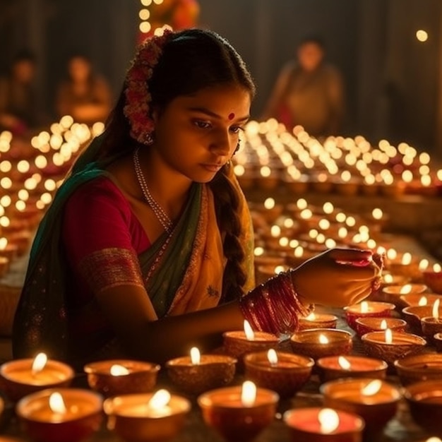 Una ragazza accende le candele in un tempio in India.