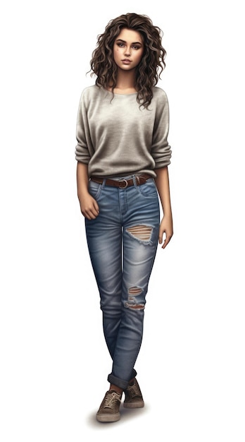 Una ragazza adolescente con capelli ondulati e jeans strappati isolati su uno sfondo bianco