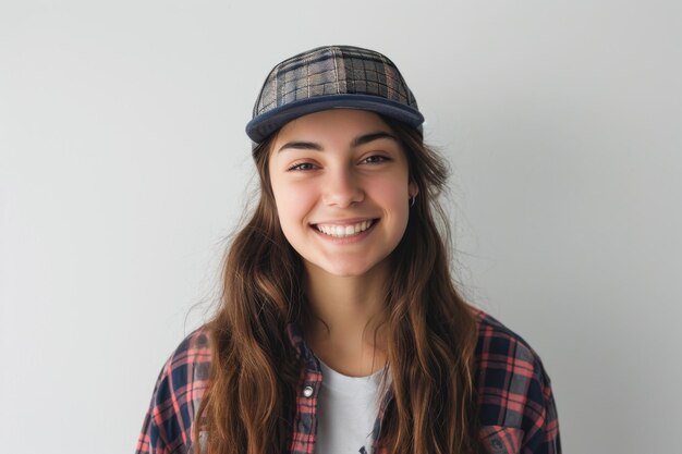 Una ragazza adolescente con un berretto sorride su uno sfondo bianco