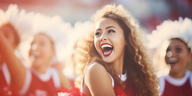 Una ragazza adolescente felice che sorride, le cheerleader del liceo applaudono.