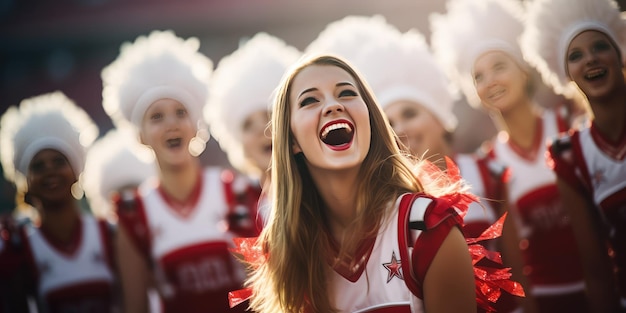 Una ragazza adolescente felice che sorride, le cheerleader del liceo applaudono.