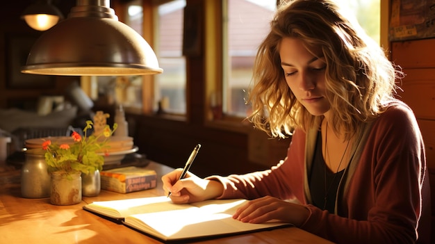 Una ragazza adorabile e carina scrive poesie romantiche alla scrivania.