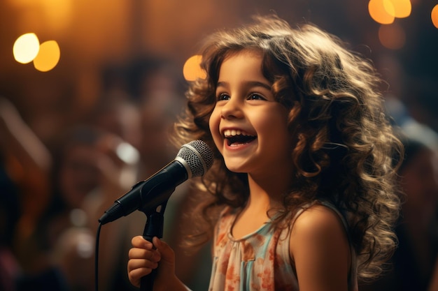 una ragazza affascinante che canta emotivamente a un concerto davanti a un microfono