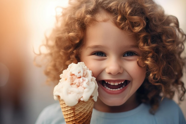 Una ragazza affascinante che gusta un cono di cialda pieno di gelato