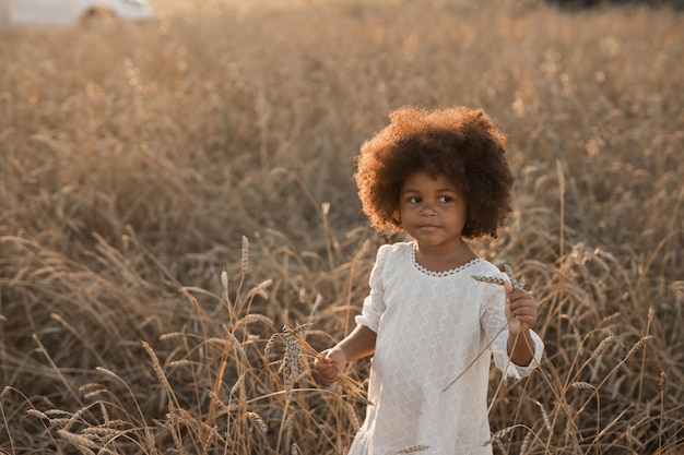 una ragazza africana carina in un vestito bianco con i capelli soffici che cammina lungo un campo estivo al tramonto