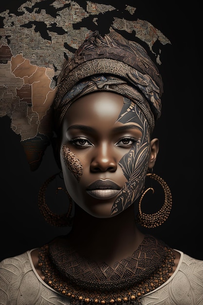 Una ragazza africana tradizionale che mostra il suo tatuaggio blackwork della mappa africana generata da AI