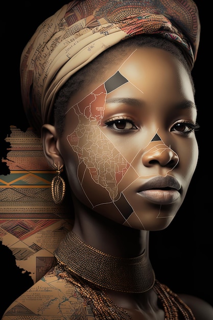 Una ragazza africana tradizionale che mostra il suo tatuaggio blackwork della mappa africana generata dall'intelligenza artificiale