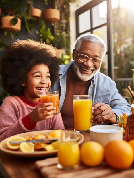 una ragazza afroamericana felice che guarda il nonno versare il succo d'arancia durante la colazione