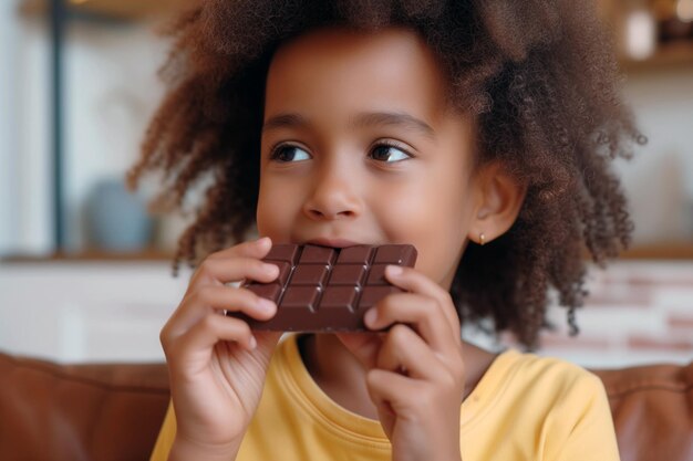 Una ragazza afroamericana si diverte con una barretta di cioccolato, un concetto di spuntino per bambini malsano.