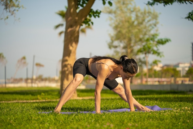 Una ragazza all'aperto nel parco fa sport con un top marrone sportivo con leggings neri su uno spo blu