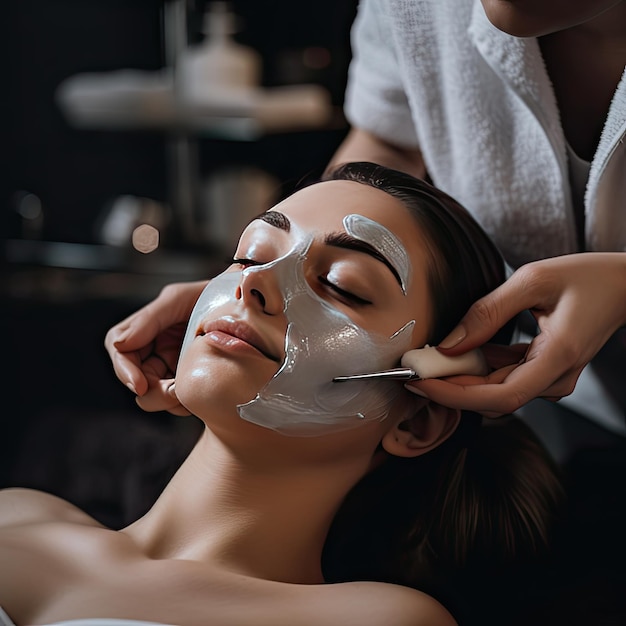 una ragazza all'ufficio dell'estetista si mette una maschera sulla faccia il giorno della bellezza al salone di bellezza