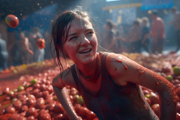 Una ragazza alla sagra del pomodoro in Spagna la tomatina Generative AI 3